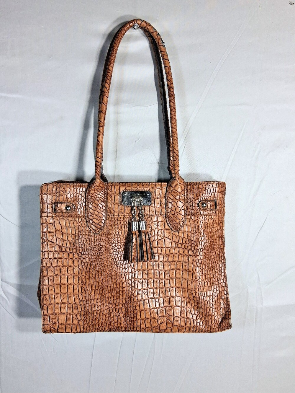 Claiborne 13" x 10" Vintage Brown/Tan Faux Alligator/Croc Embossed Tote Handbag